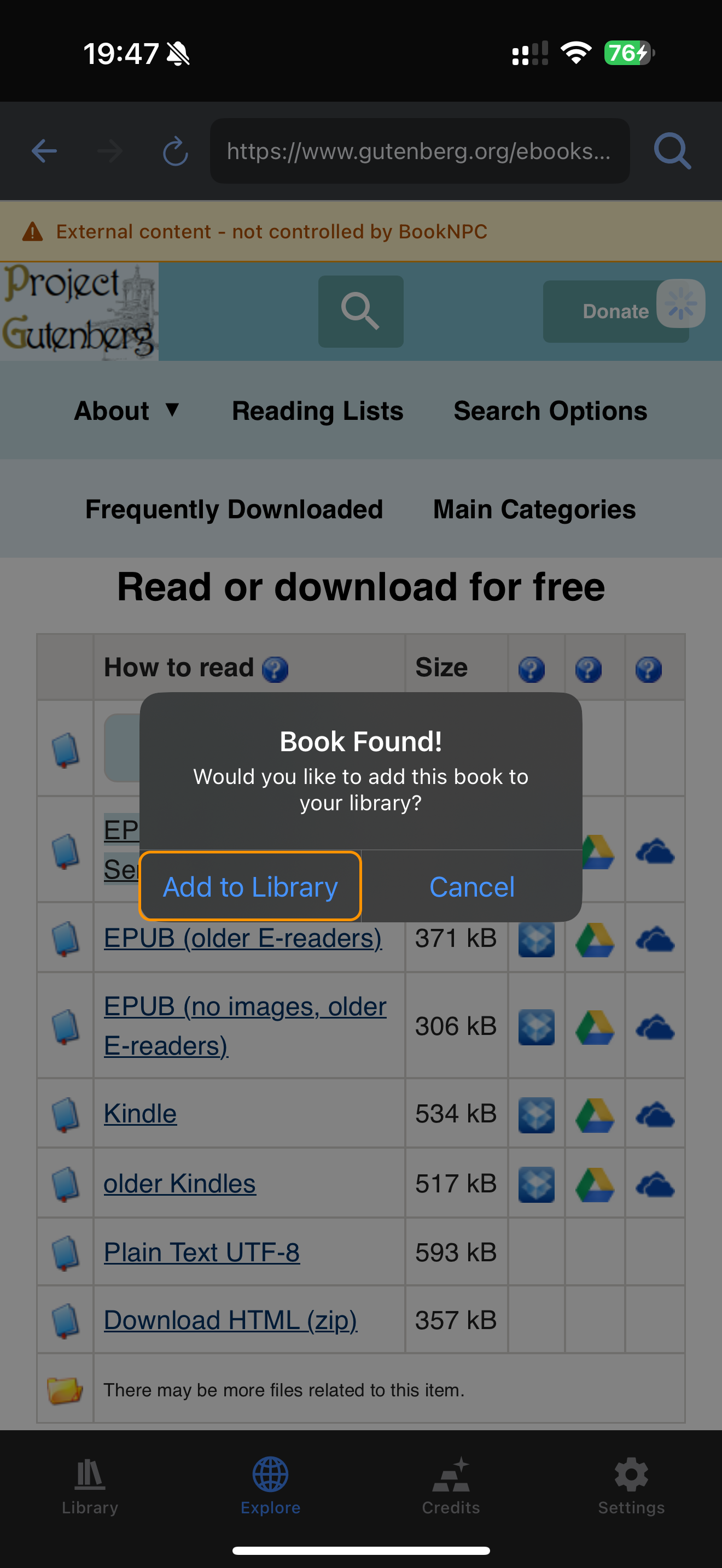 Confirm adding the book to your library