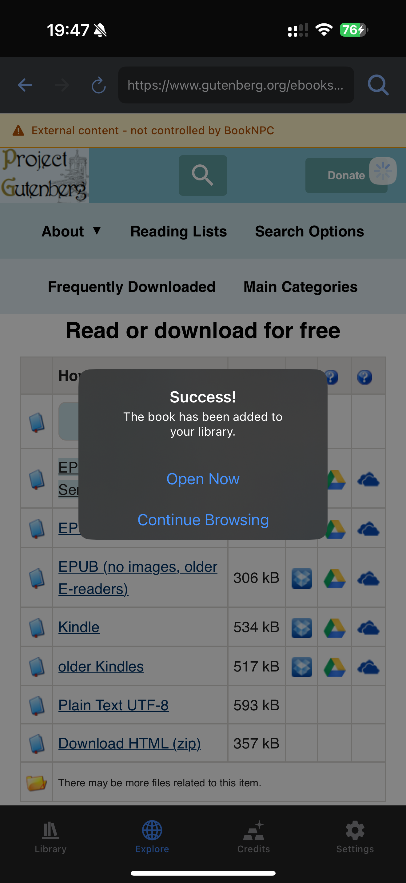 Book added successfully with options to open or continue browsing