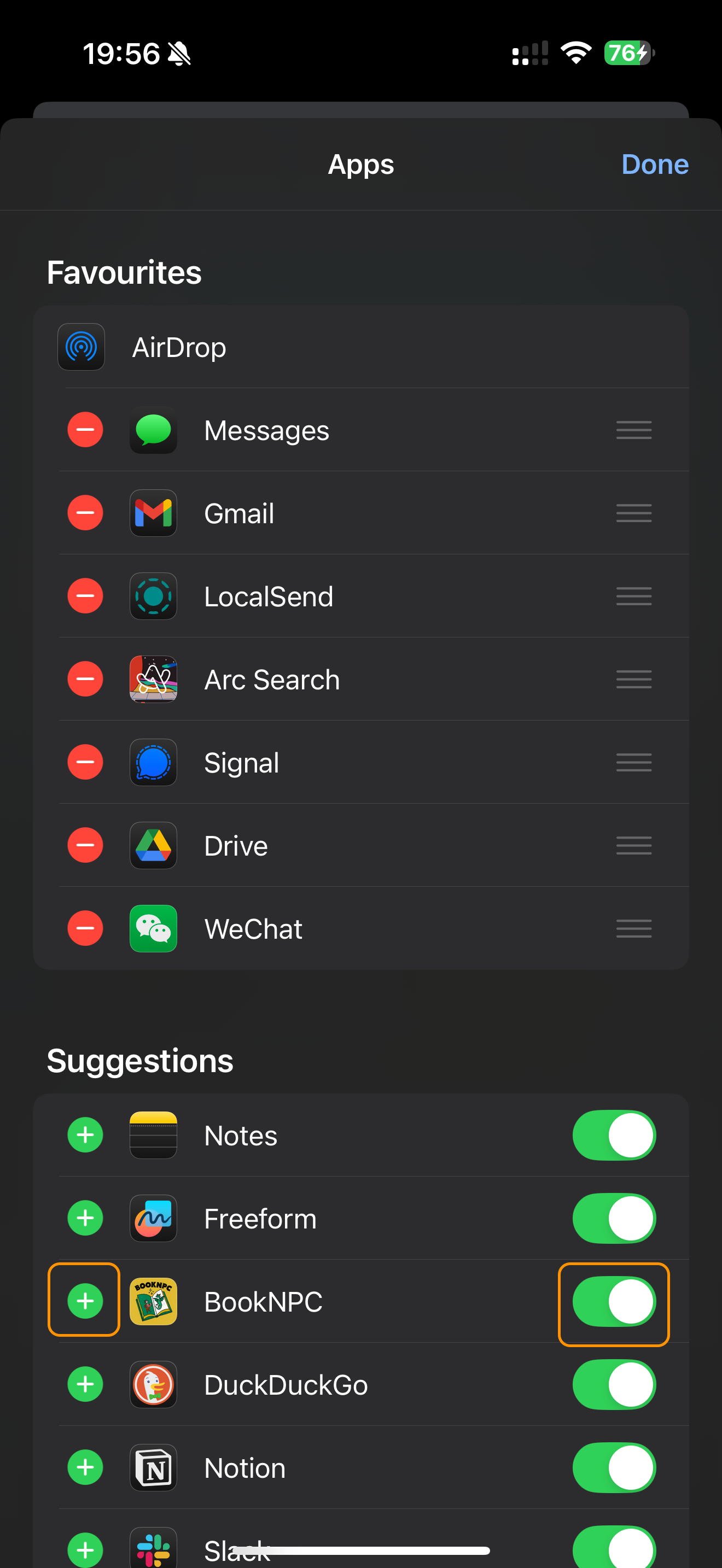 Edit mode with toggles and plus icons
